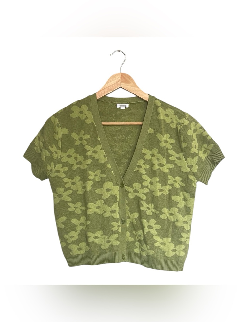 Garage Green Floral Short-Sleeve V-Neck Cardigan
